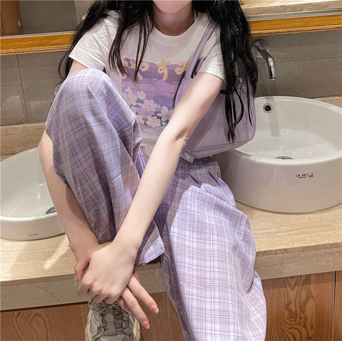 Cute Purple Casual Loose Plaid Pants
