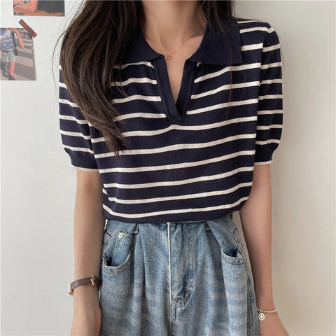 Stripe Knitted Turn Down Collar Shirt