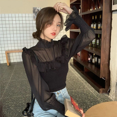 Long Sleeve Lace Stand Neck Elegant Blouse Shirt