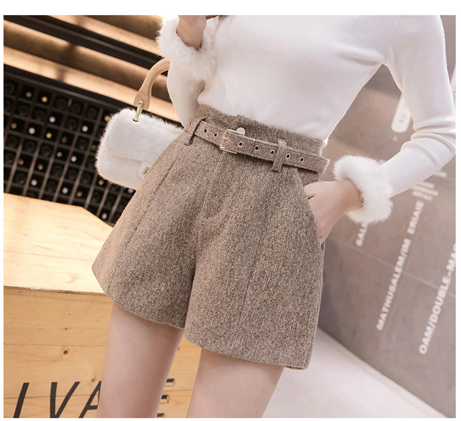High Waist Belted A-Line Woolen Shorts