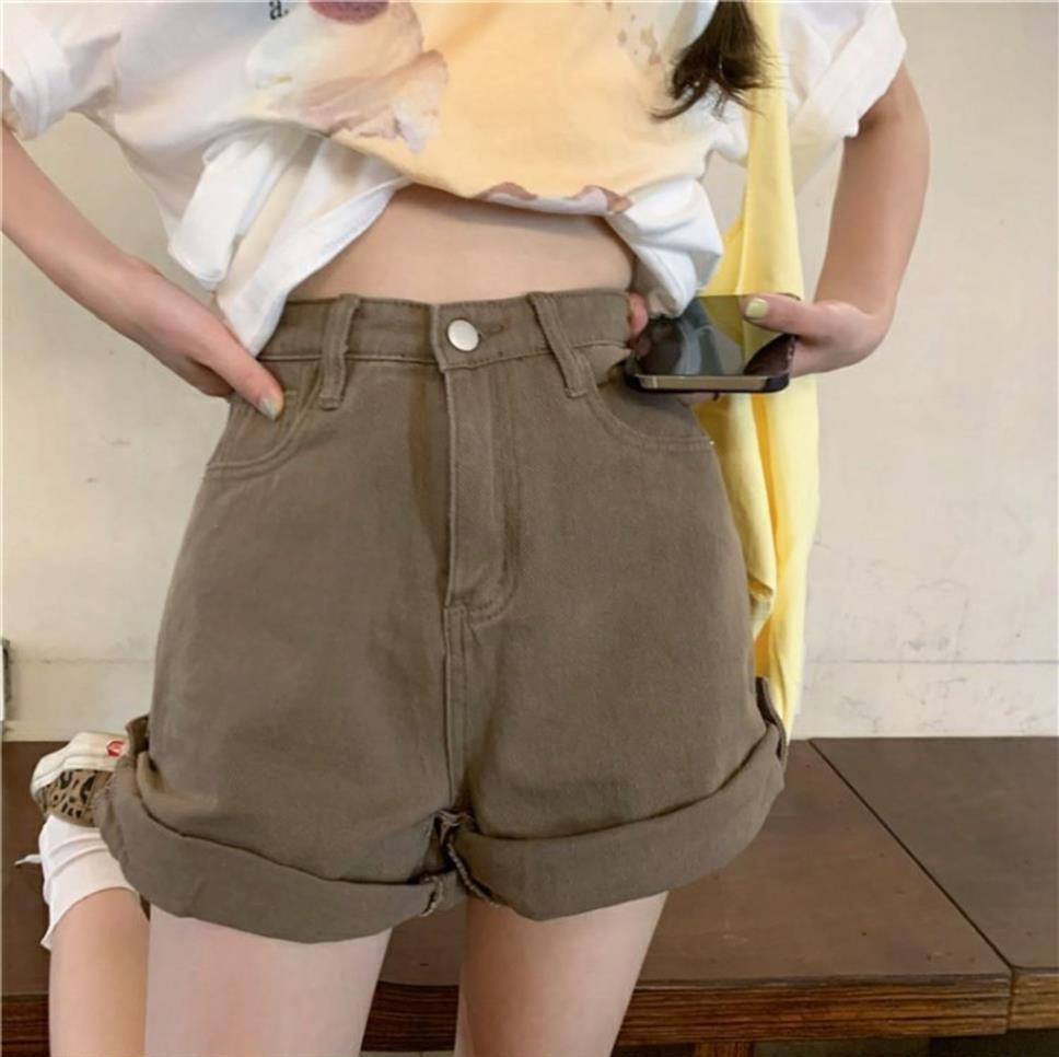 Vintage Solid Crimping Brown Shorts Jeans