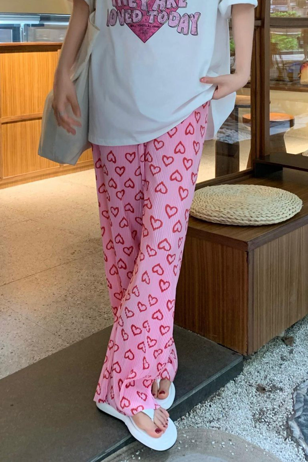 Cute Heart Pattern Long Pink Pants