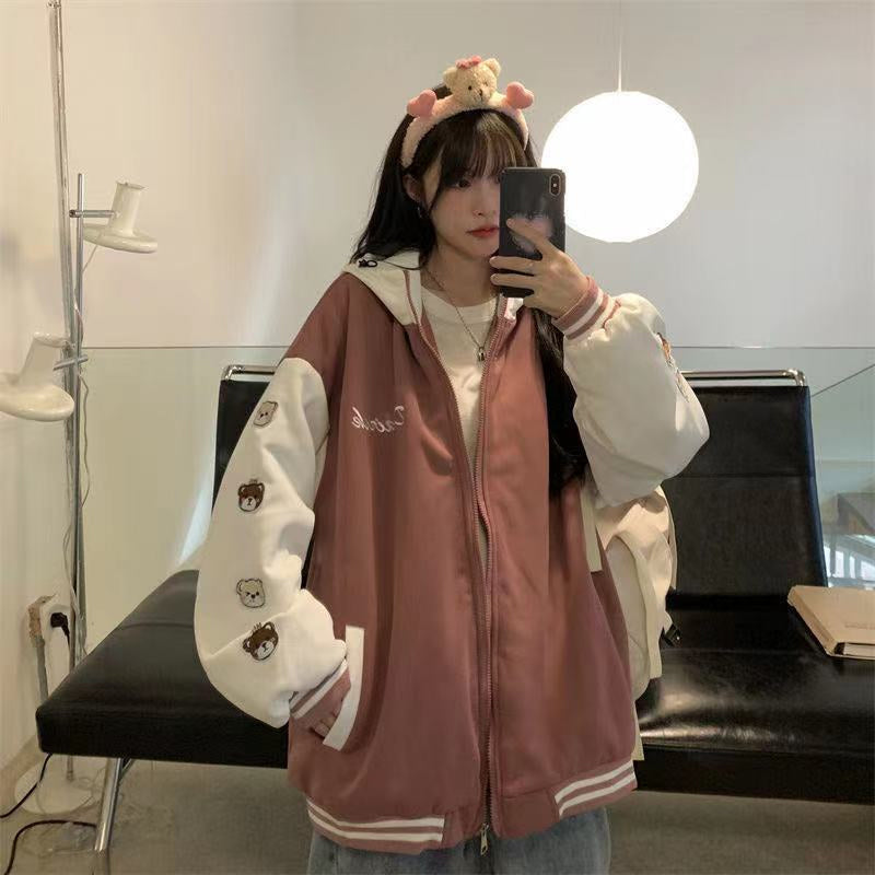 Bear Sleeve Printed Hooded Baseball Jackets