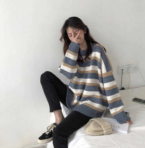 Loose Long Knitted Striped Sweater