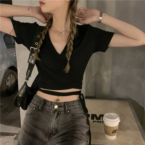 V-Neck Short Sleeve Strap Slim Crop Tops