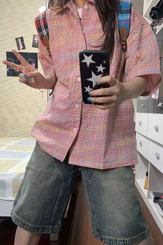 Short Sleeve Retro Pink Plaid Blouse Shirt