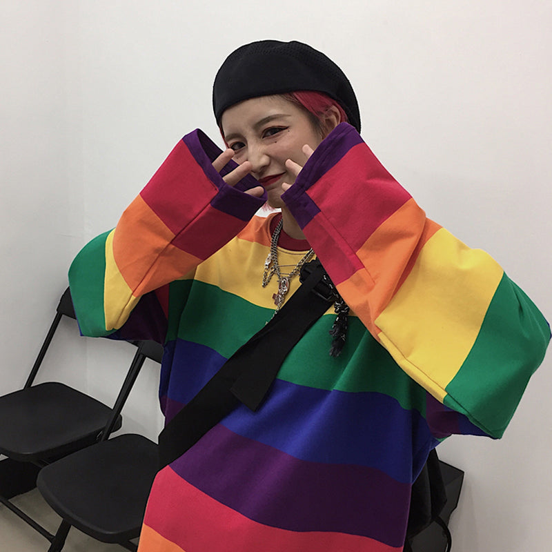 Loose Rainbow Striped Oversize Shirt