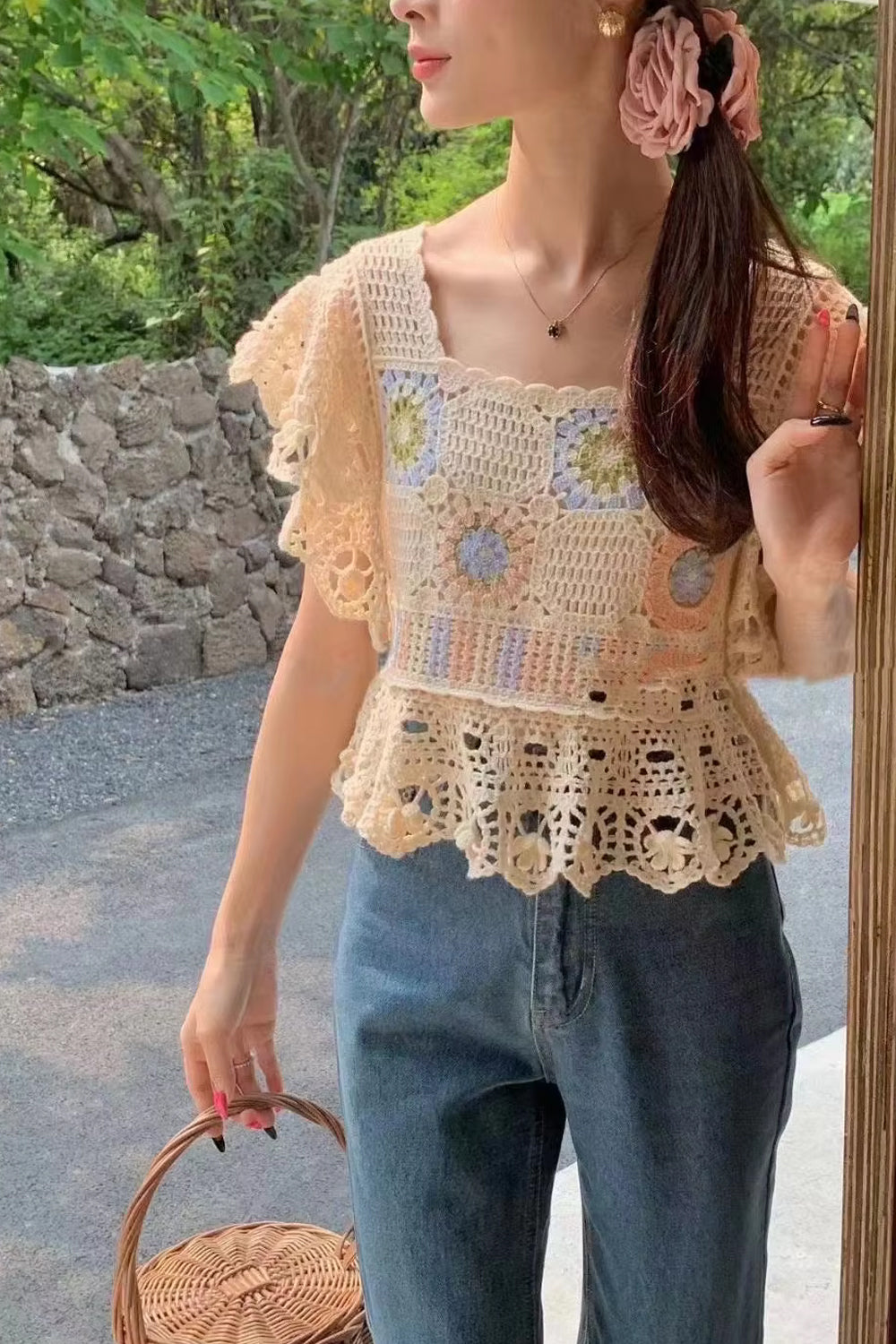 Square Neck Knitted Embroidered Lace Crochet Shirts