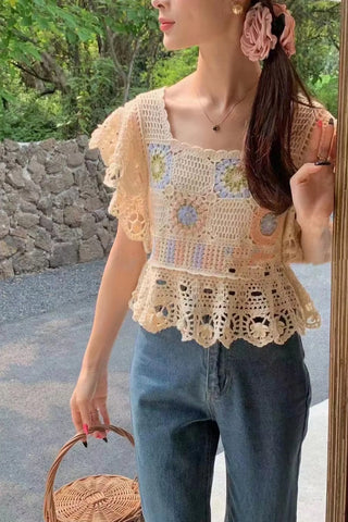 Square Neck Knitted Embroidered Lace Crochet Shirts