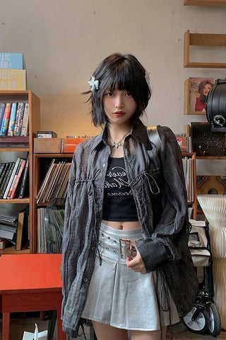 Long Sleeve Tied Patchwork Transparent Shirt