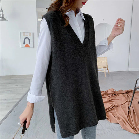 V-Neck Solid Color Sleeveless Loose Vest Sweater