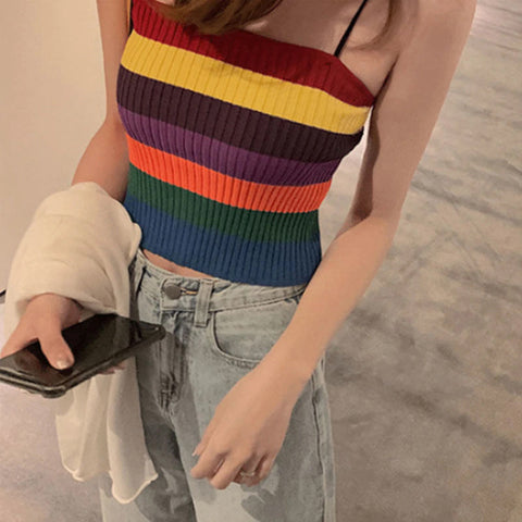 Rainbow Striped Straps Camis Knitted Tank Top