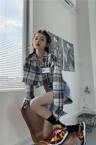 Sexy Plaid Long Sleeve Cropped Shirt