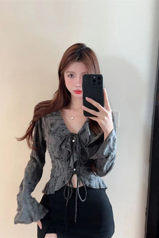 Long Sleeve V-Neck Sexy Ruffles Cropped Shirt