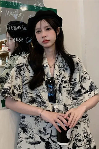 Short Sleeve Black Floral Printed Blouse Shirt