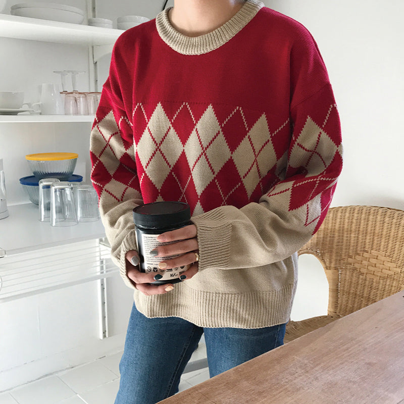 Vintage Rautenmuster Strickpullover