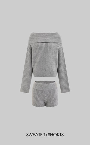 Off-Shoulder Knit Sweater and Shorts Set