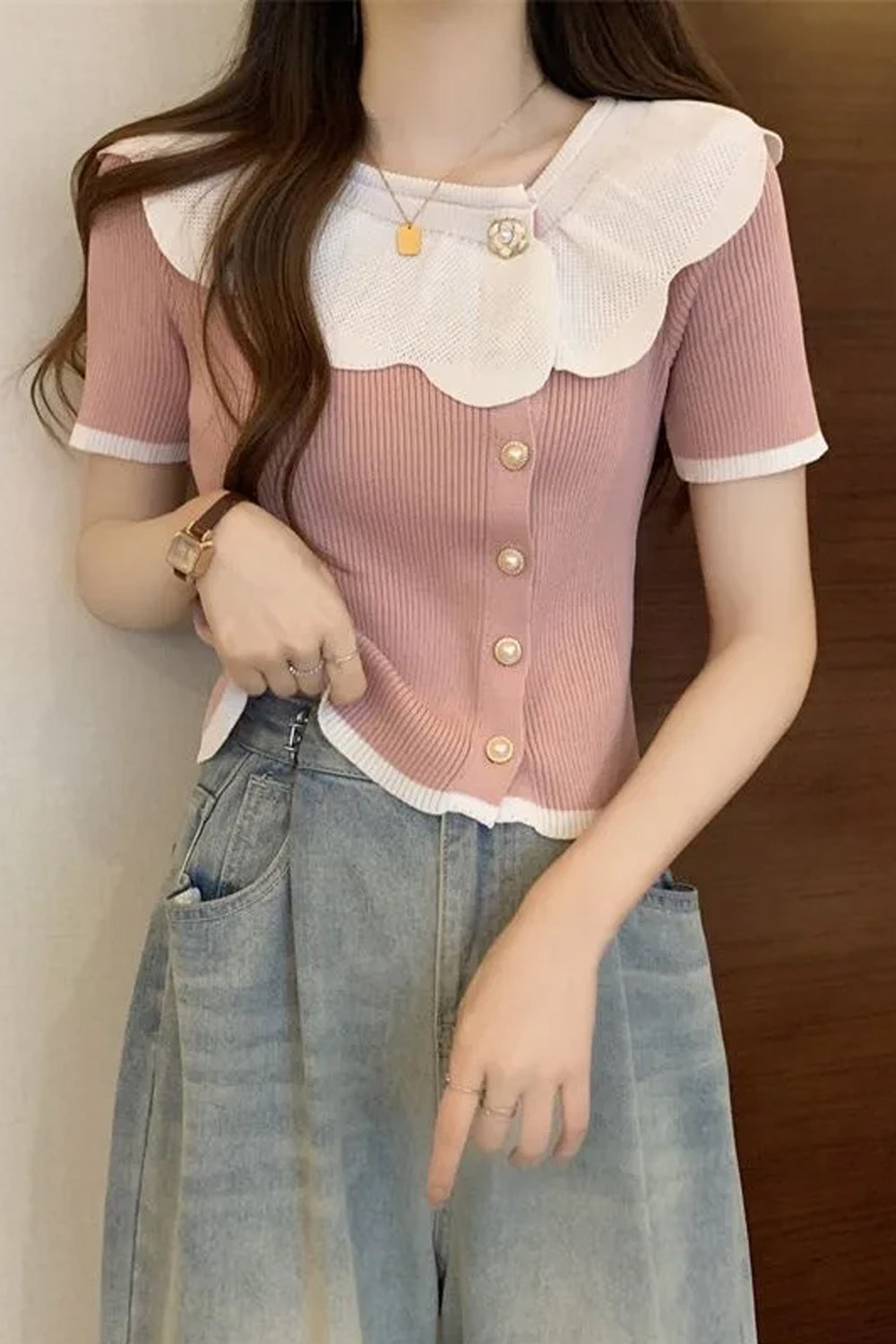 Short Sleeve Contrast Combined Colors Slim Shirt