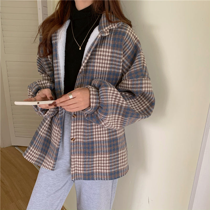 Lose Vintage Plaid Winter Dicke Jacke 