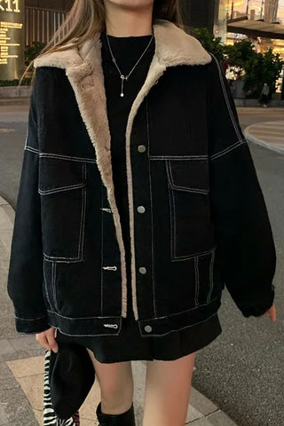 Casual Lapel Thick Warm Black Jeans Jacket