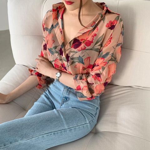 Thin Flowers Pattern Chiffon Blouse Shirt