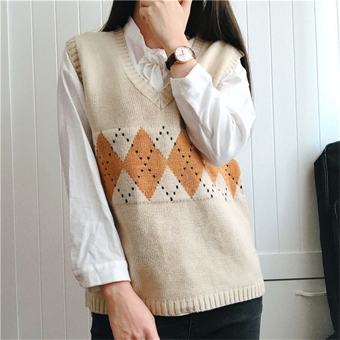 Vintage Geometric Argyle V-Neck Sleeveless Knitted Vest Sweater