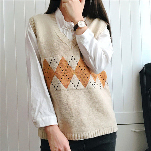 Vintage Geometrischer Argyle V-Ausschnitt Ärmelloser Strickwestenpullover