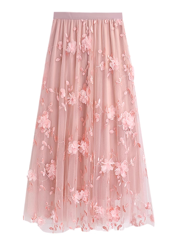 3D Flower Mesh Tulle Long Skirt