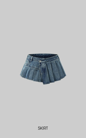 Pleated Ultra Mini Denim Skirt