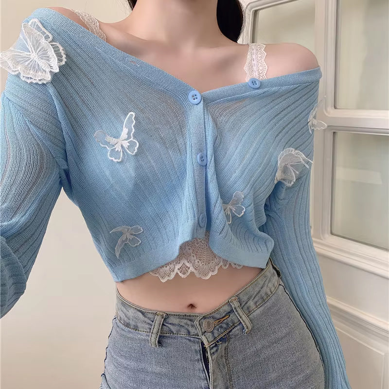Long Sleeve 3D Butterfly Lace Embroidered Sweater