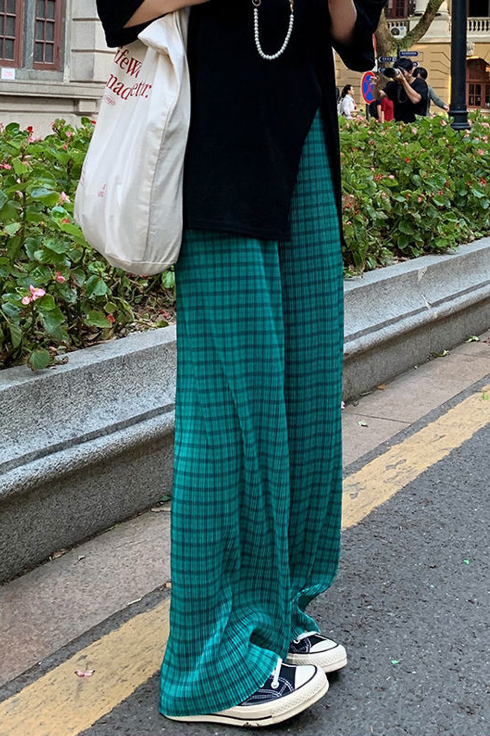 High Waist Green Hip Hop Plaid Pants