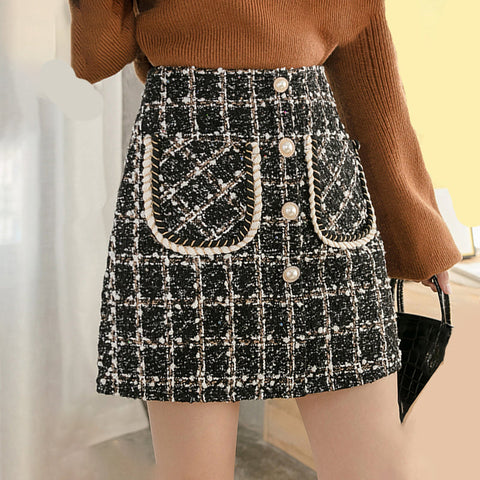Elegant Pearl Button Wool Plaid Mini Skirts