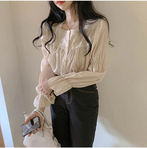 Long Puff Sleeve Square Collar Lace Blouse Shirt