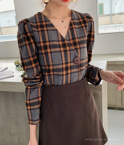 Sexy V-Ausschnitt Vintage Plaid Bluse Single Button Tops