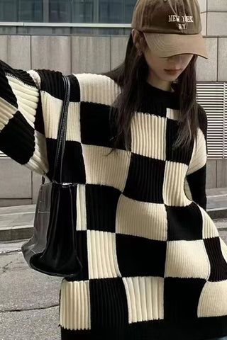 Long Sleeve Plaid Checkered Knitted Sweater