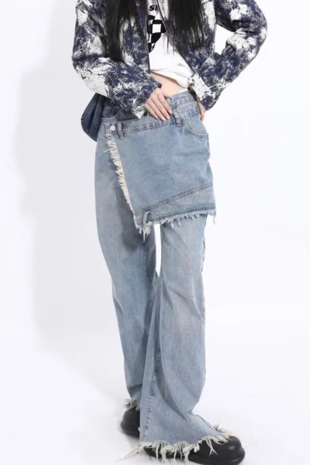 High Waist Design Irregular Tassel Jeans Pants