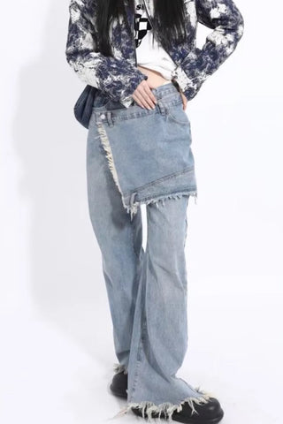 High Waist Design Irregular Tassel Jeans Pants