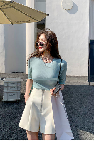 High Waist Front Zipper Loose Office Shorts