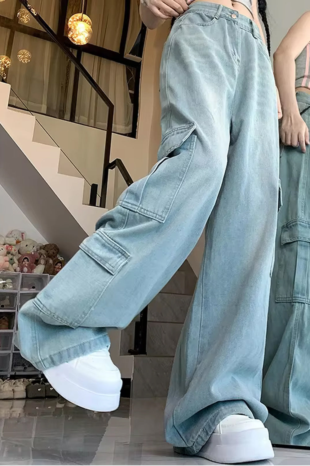 Loose Wide Leg Denim Jeans Cargo Pocket Pants