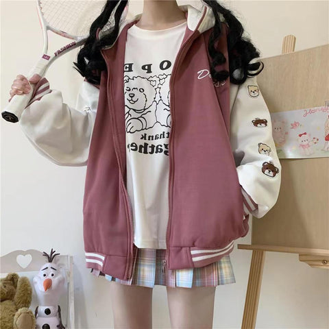 Loose Bears Sleeve Pattern Hooded Baseball Jacket