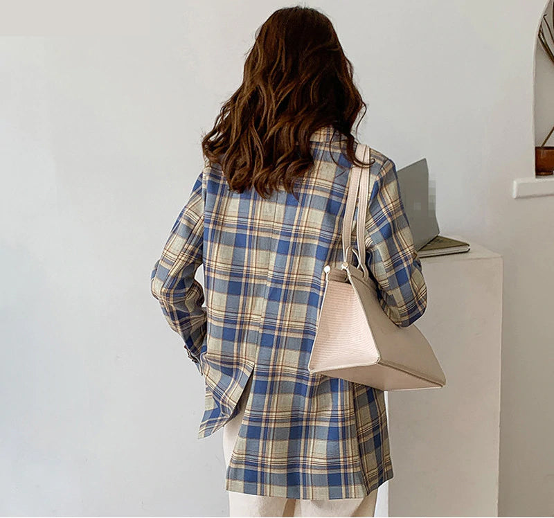 Double Breasted Loose Plaid Blazer Coat