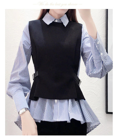 Blue Striped Slim Office Blouse Shirt