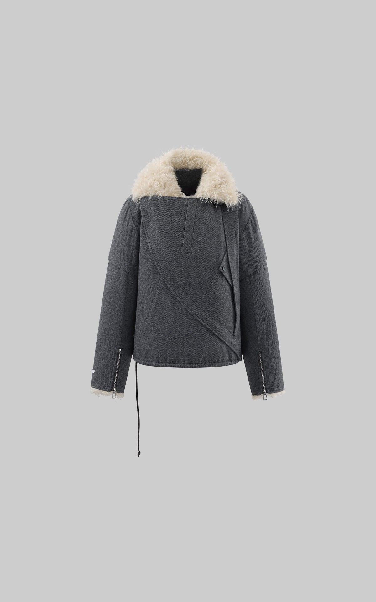 Structured Faux-Shearling Collar Jacket with Asymmetric Wrap Design