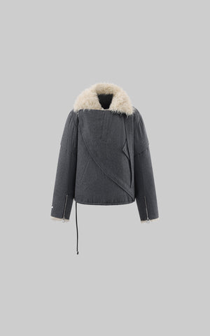 Structured Faux-Shearling Collar Jacket with Asymmetric Wrap Design