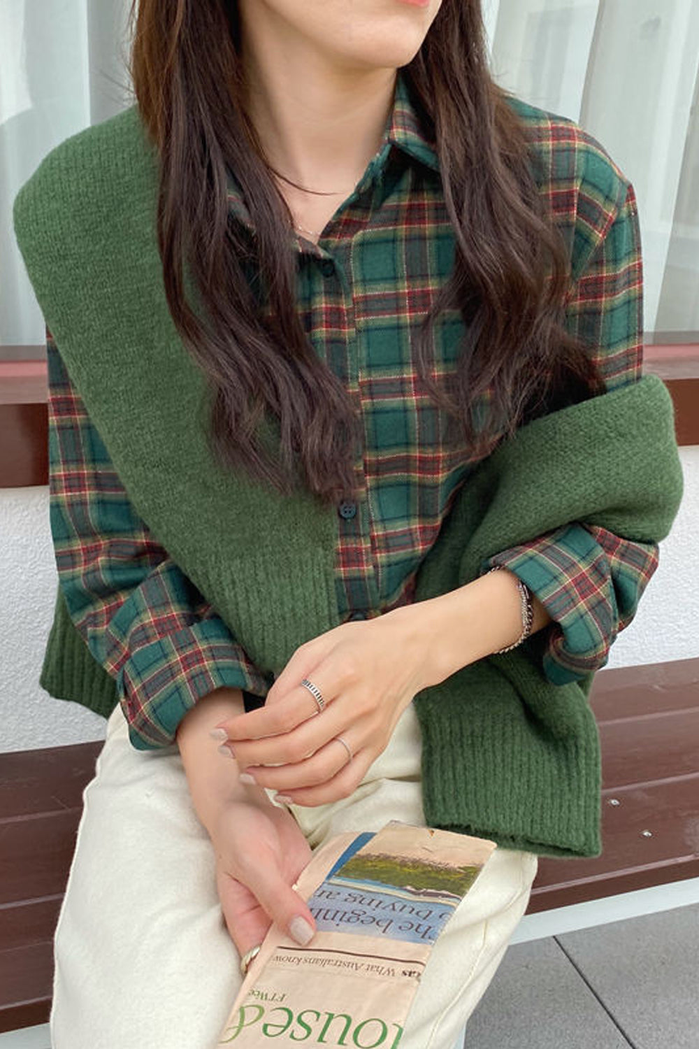 Casual Dark Green Plaid Office Blouse Shirt