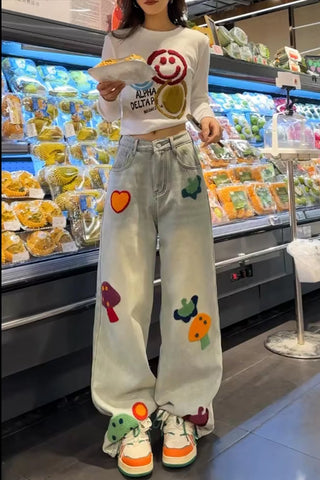 High Waist Cute Mushroom Embroidered Jeans Pants