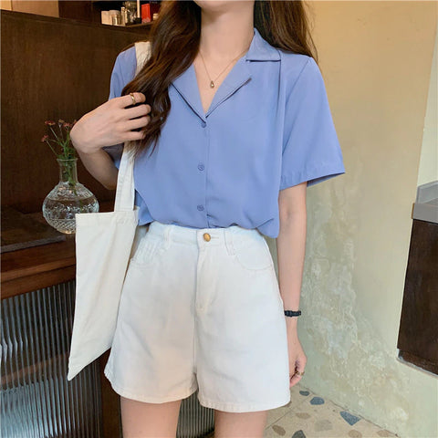 Solid Candy Colors Notched Blouse Shirt