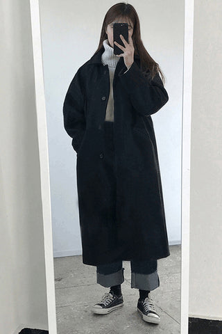 Simple Turn Down Collar Long Woolen Coat