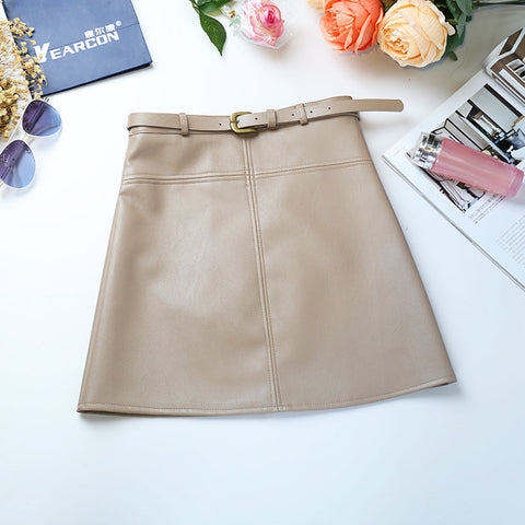 A-Line Leather Skirt With Belt