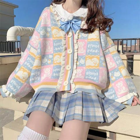 Loose Vintage Cartoon Pattern Ruffled Sweater